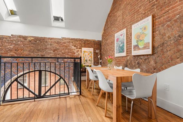 Dining room, Fireplace, Interior, Stone Walls, Wood Texture Flooring