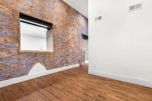 Empty room, Fireplace, Interior, Stone Walls, Wood Texture Flooring