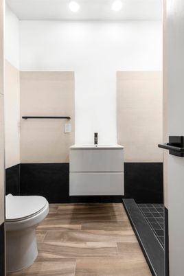 Bathroom, Interior, Recessed Lighting, Wood Texture Flooring