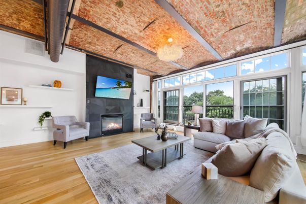 Fireplace, Interior, Living room, Sun Room, Wood Texture Flooring