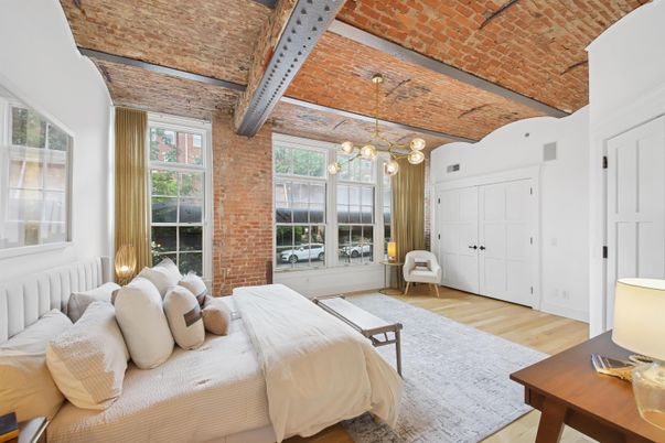 Bedroom, Interior, Stone Walls, Wooden Beams, Wood Texture Flooring