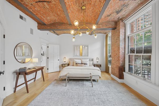 Bedroom, Interior, Pendant Lights, Stone Walls, Wooden Beams, Wooden Ceilings, Wood Texture Flooring