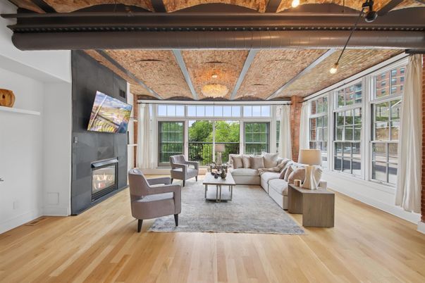 Fireplace, Interior, Living room, Pendant Lights, Wood Texture Flooring