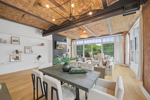 Dining room, Interior, Living room, Stone Walls, Wood Texture Flooring