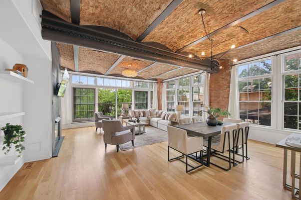 Dining room, Fireplace, Interior, Living room, Stone Walls, Wood Texture Flooring