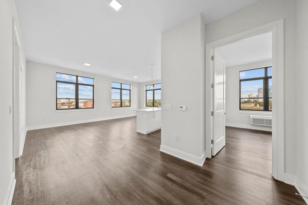 Empty room, Interior, Pendant Lights, Recessed Lighting, Wood Texture Flooring
