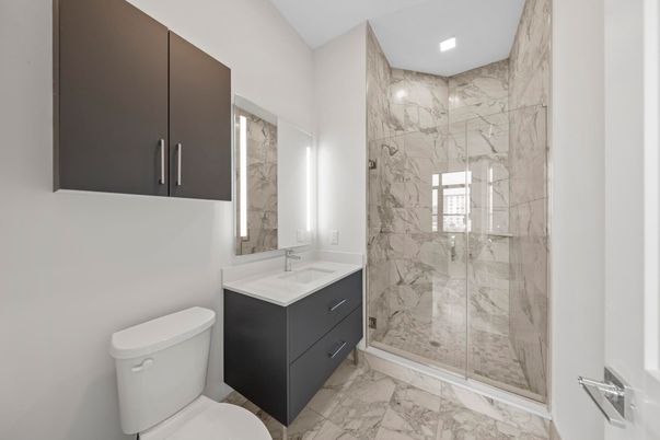 Bathroom, Glass Shower, Interior, Marble, Marble Walls, Recessed Lighting