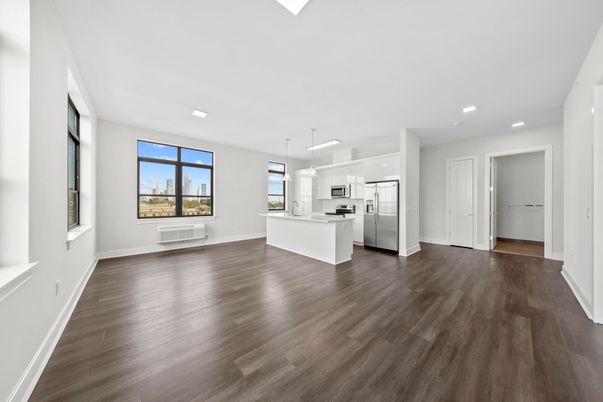 Empty room, Interior, Kitchen, Pendant Lights, Recessed Lighting, Wood Texture Flooring