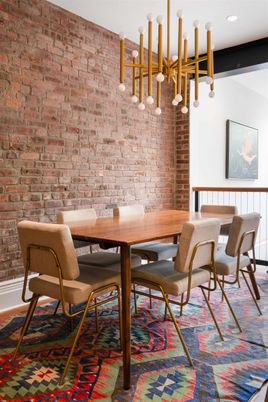 Dining room, Interior, Pendant Lights, Recessed Lighting, Stone Walls
