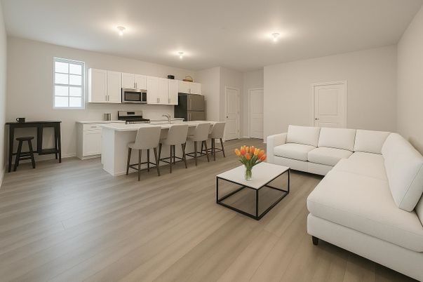 Interior, Kitchen, Living room, Recessed Lighting, Stainless Steel Appliances, Wood Texture Flooring