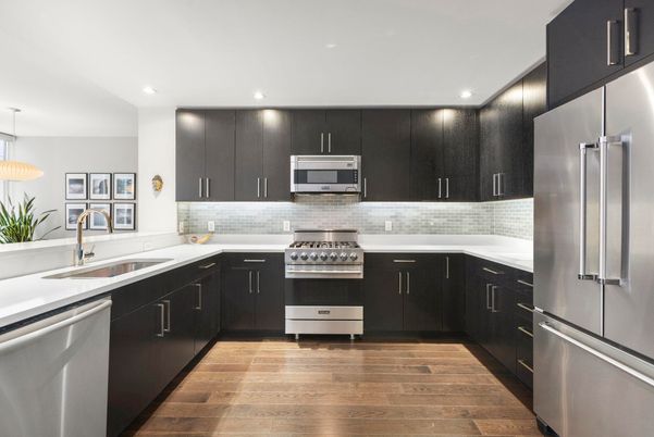 Interior, Kitchen, Pendant Lights, Recessed Lighting, Stainless Steel Appliances, Wood Texture Flooring