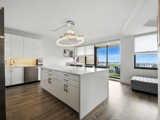 Interior, Kitchen, Pendant Lights, Stainless Steel Appliances, Wood Texture Flooring