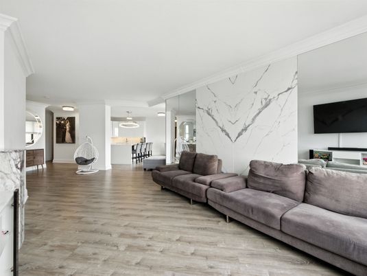 Dining room, Interior, Living room, Marble Walls, Pendant Lights, Wood Texture Flooring