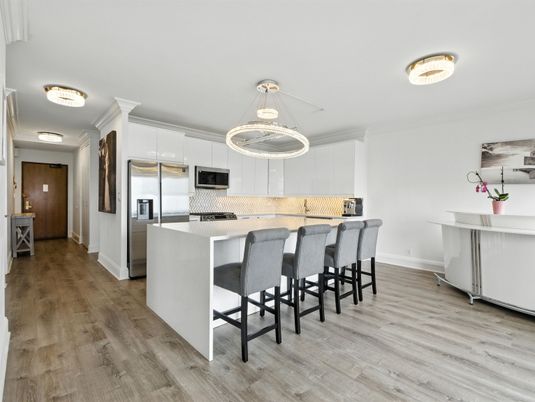 Interior, Kitchen, Pendant Lights, Stainless Steel Appliances, Wood Texture Flooring