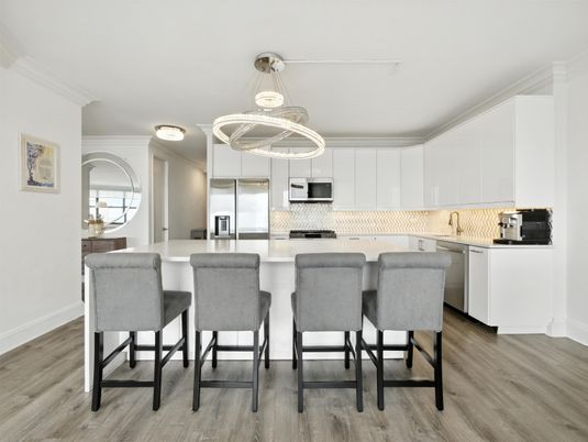 Interior, Kitchen, Pendant Lights, Stainless Steel Appliances, Wood Texture Flooring