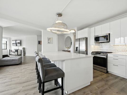 Chandelier, Interior, Kitchen, Pendant Lights, Stainless Steel Appliances, Wood Texture Flooring