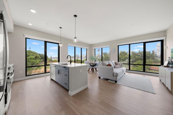Interior, Kitchen, Living room, Pendant Lights, Recessed Lighting, Wood Texture Flooring
