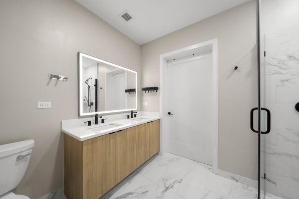 Bathroom, Dual Sink Vanities, Glass Shower, Interior, Marble, Marble Walls