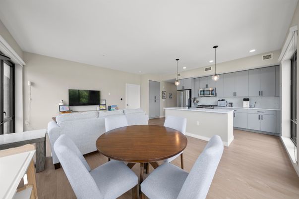 Dining room, Interior, Kitchen, Pendant Lights, Recessed Lighting, Wood Texture Flooring