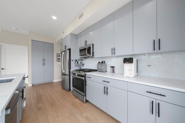 Interior, Kitchen, Recessed Lighting, Stainless Steel Appliances, Wood Texture Flooring