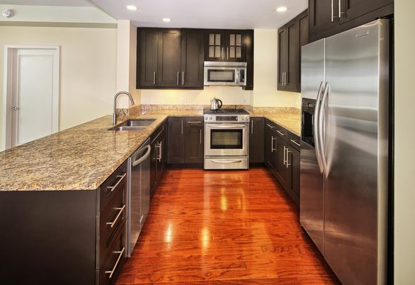 Interior, Kitchen, Recessed Lighting, Stainless Steel Appliances, Wood Texture Flooring