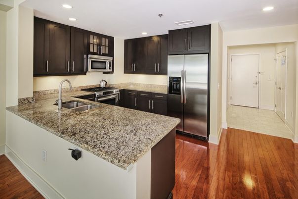 Interior, Kitchen, Recessed Lighting, Stainless Steel Appliances, Wood Texture Flooring
