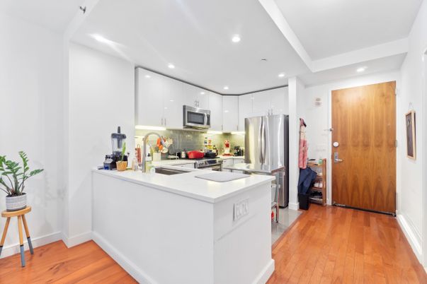 Interior, Kitchen, Recessed Lighting, Stainless Steel Appliances, Wood Texture Flooring
