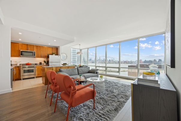Interior, Kitchen, Living room, Pendant Lights, Recessed Lighting, Stainless Steel Appliances, Water, Wood Texture Flooring