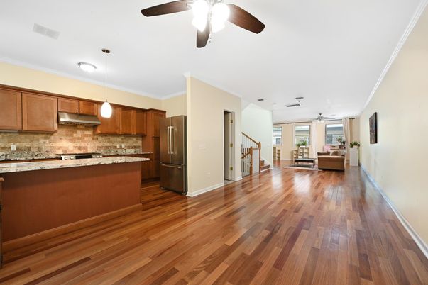 Interior, Kitchen, Living room, Pendant Lights, Stainless Steel Appliances, Wood Texture Flooring