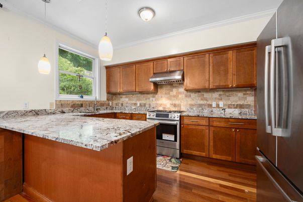 Interior, Kitchen, Pendant Lights, Stainless Steel Appliances, Wood Texture Flooring