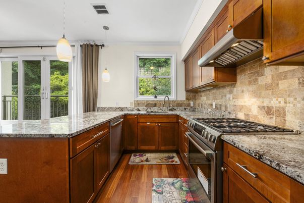 Interior, Kitchen, Pendant Lights, Stainless Steel Appliances, Wood Texture Flooring