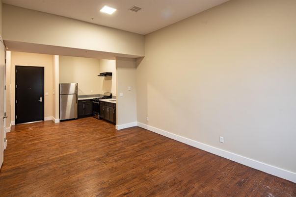 Empty room, Interior, Kitchen, Recessed Lighting, Wood Texture Flooring
