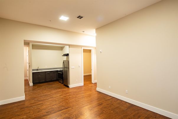 Empty room, Interior, Kitchen, Recessed Lighting, Wood Texture Flooring