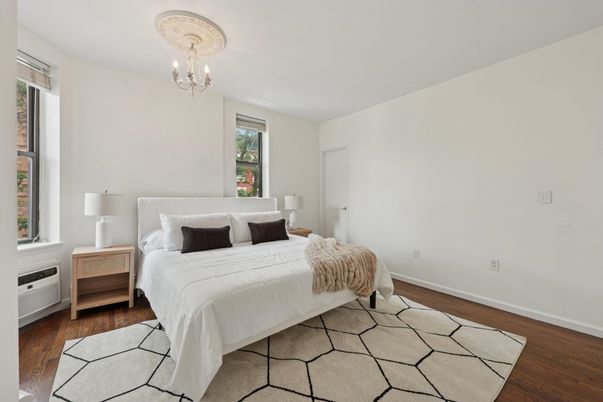 Bedroom, Chandelier, Interior, Wood Texture Flooring