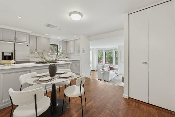 Dining room, Interior, Kitchen, Living room, Recessed Lighting, Wood Texture Flooring