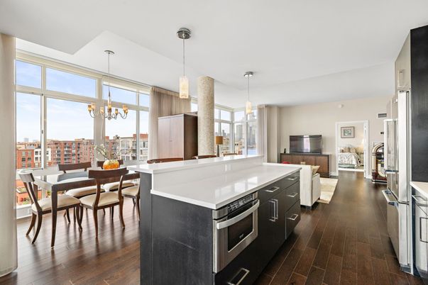 Chandelier, Dining room, Fireplace, Interior, Kitchen, Living room, Pendant Lights, Wood Texture Flooring