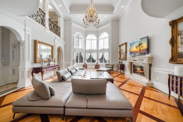 Chandelier, Fireplace, Interior, Living room, Recessed Lighting, Wood Texture Flooring