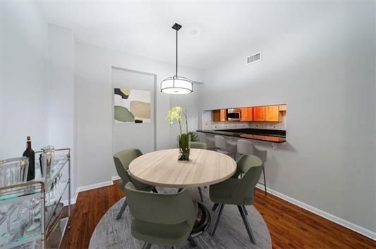 Dining room, Interior, Kitchen, Pendant Lights, Wood Texture Flooring