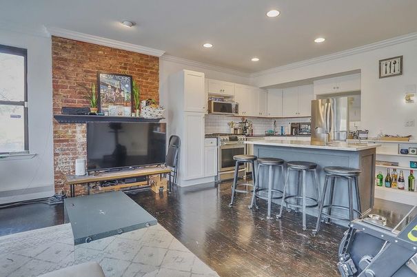 Interior, Kitchen, Recessed Lighting, Stainless Steel Appliances, Stone Walls, Wood Texture Flooring