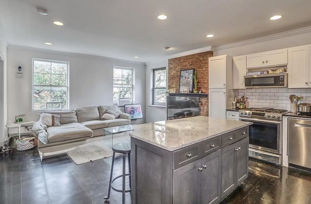 Interior, Kitchen, Living room, Recessed Lighting, Stainless Steel Appliances, Stone Walls