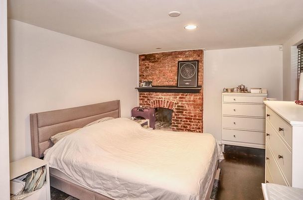 Bedroom, Fireplace, Interior, Recessed Lighting, Stone Walls