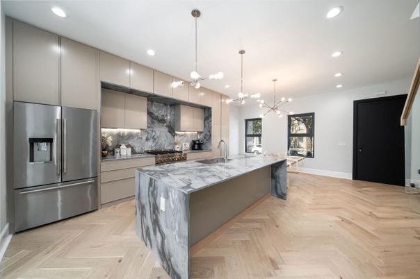 Interior, Kitchen, Pendant Lights, Recessed Lighting, Stainless Steel Appliances, Wood Texture Flooring