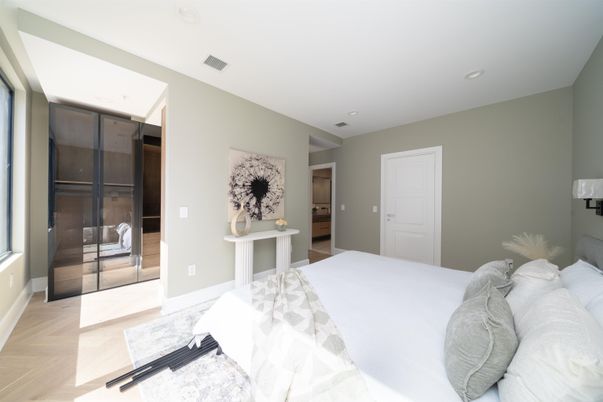 Bedroom, Interior, Recessed Lighting, Wood Texture Flooring