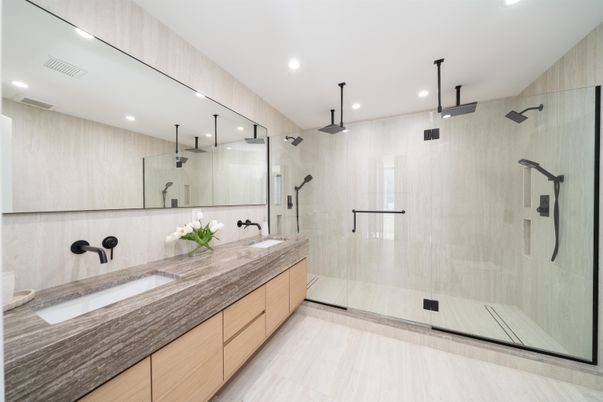 Bathroom, Dual Sink Vanities, Glass Shower, Interior, Recessed Lighting