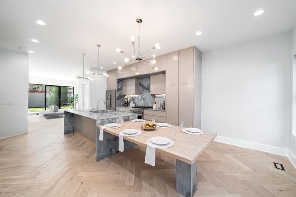 Interior, Kitchen, Marble Walls, Pendant Lights, Recessed Lighting, Wood Texture Flooring