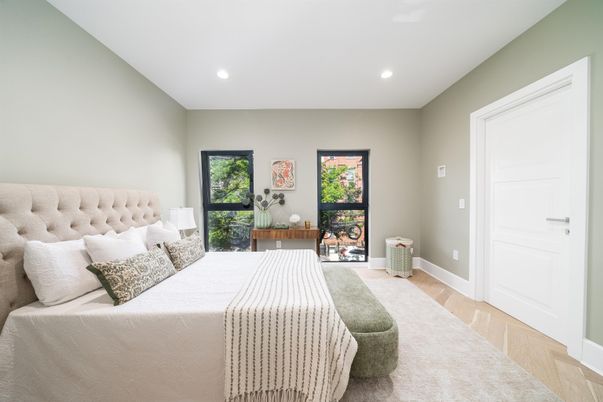 Bedroom, Interior, Recessed Lighting, Wood Texture Flooring