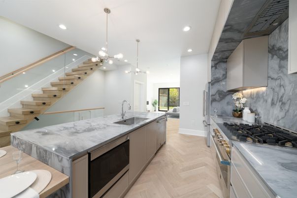 Interior, Kitchen, Pendant Lights, Recessed Lighting, Stainless Steel Appliances, Wood Texture Flooring