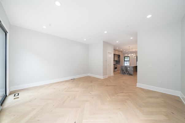 Empty room, Interior, Kitchen, Pendant Lights, Recessed Lighting, Wood Texture Flooring