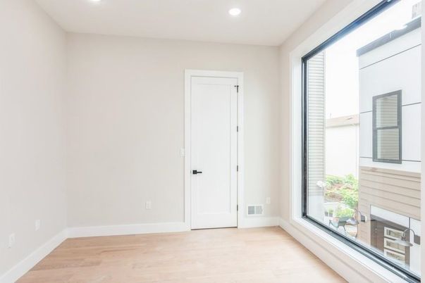 Empty room, Fireplace, Interior, Recessed Lighting, Wood Texture Flooring