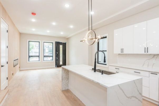 Interior, Kitchen, Marble Walls, Pendant Lights, Recessed Lighting, Wood Texture Flooring